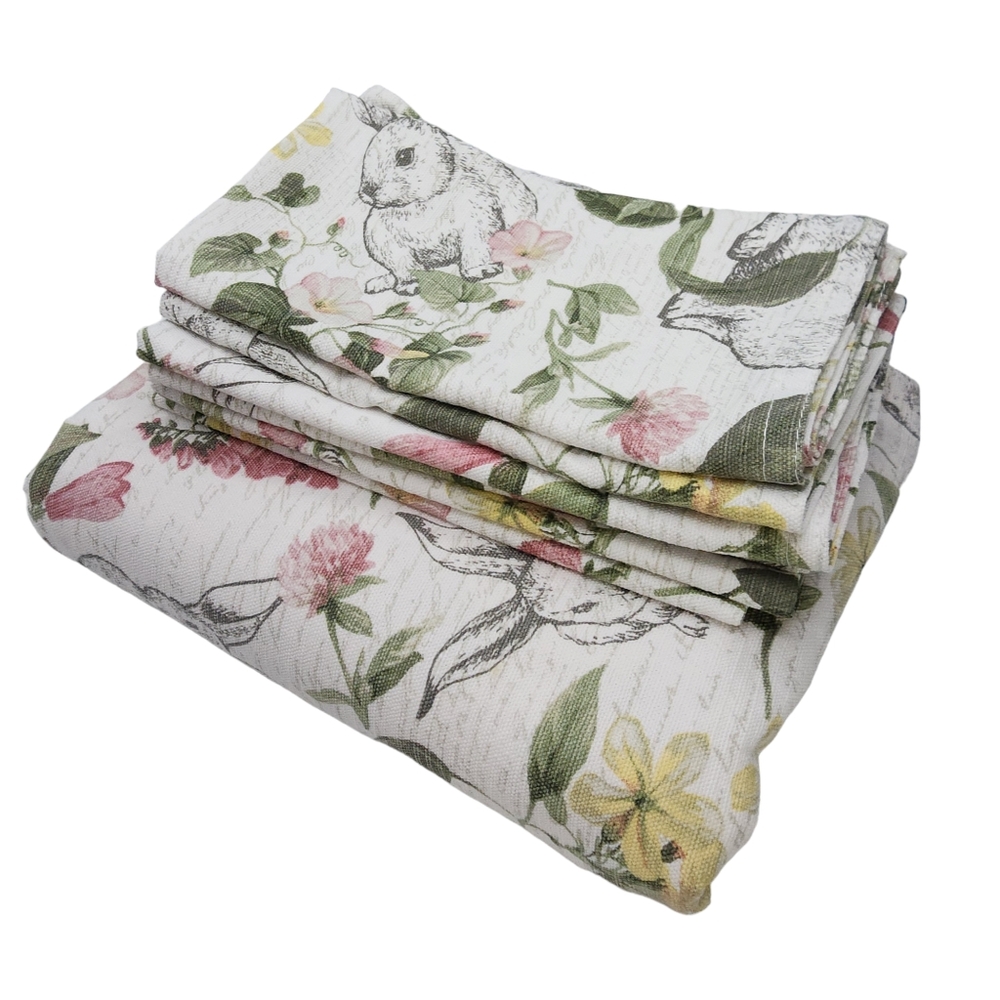 60x75 Oblong Tablecloth and Napkins Set with‎ Flowers and Bunnies Printed - USED